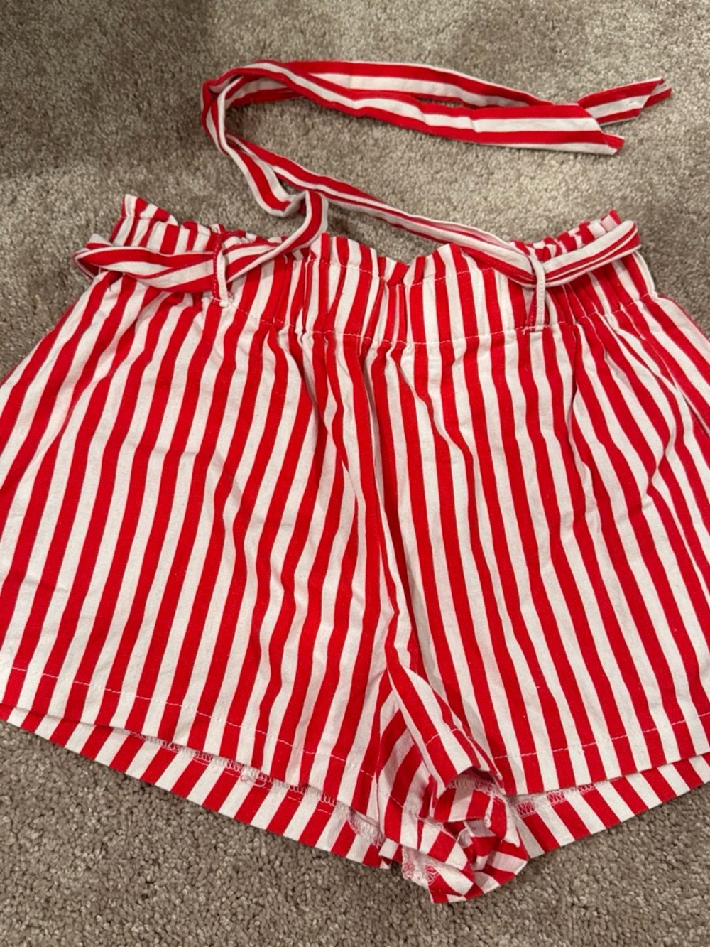 Red & White Striped Women’s Paperbag Waist Shorts